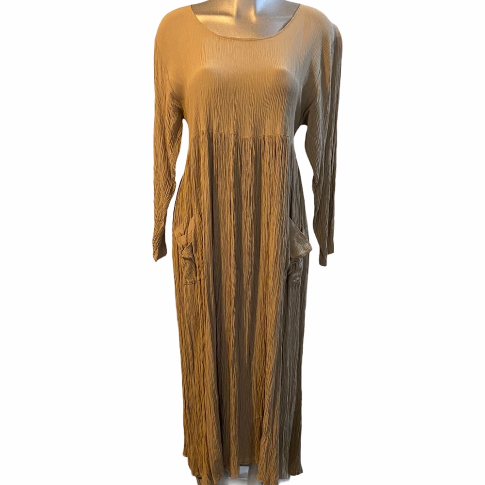 Vintage Lagenlook Maxi Dress Smocked Modest Long Sleeve Prairie Pockets Sz Large